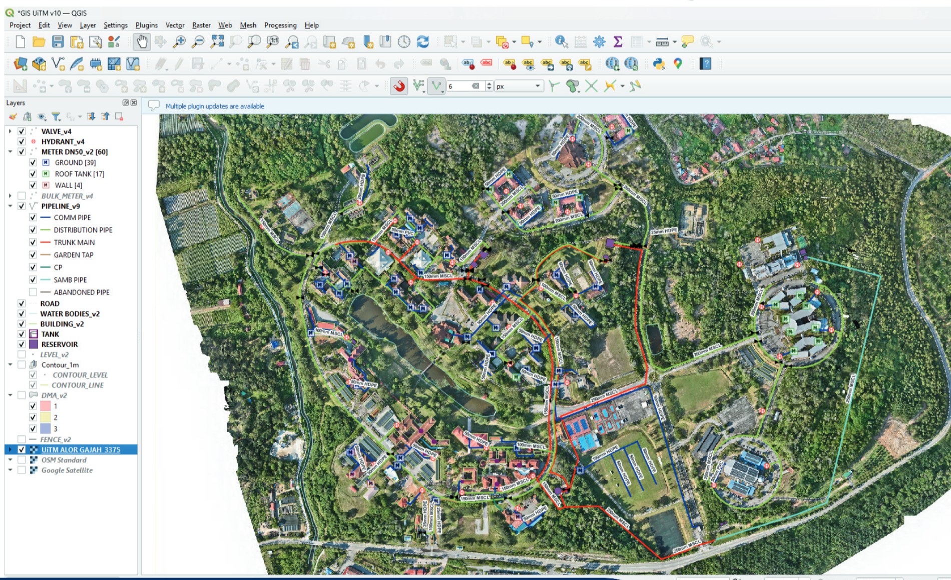 GIS interface: campus water network over aerial imagery with pipeline, meter, valve and DMA layers.