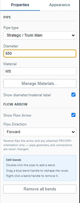 The FLIQ properties panel for a selected pipe: pipe type, diameter, material, flow arrow and bend editing.